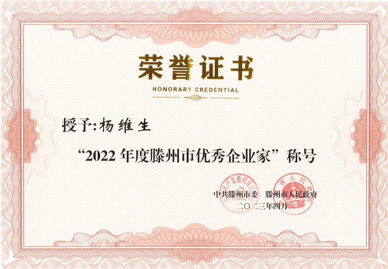凯发k8一触即发董事长荣获“滕州市优秀企业家”表彰
